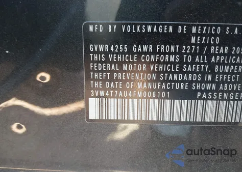 2015 Volkswagen Golf Gti 2.0T Se 4-Door из США, поврежденный, VIN 3VW4T7AU4FM006101